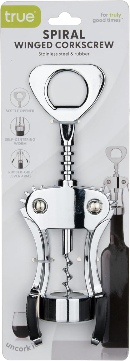 True Spiral Winged Corkscrew Wine Opener, Multi-Purpose Bottle Opener for Beers and Soft Drinks, Stainless Steel with Rubber Grip Wing Handle, for Bartenders, Home Bar, Kitchen, Restaurant, Silver