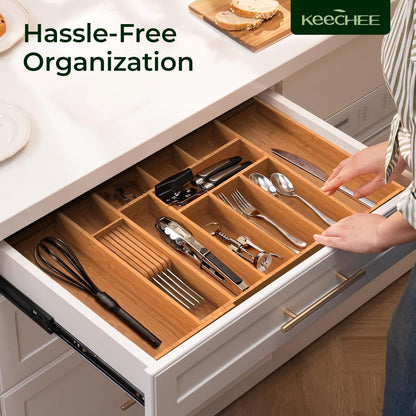 keechee Carbonized Bamboo Kitchen Drawer Organizer, 10 Slots Expandable Silverware Organizer, Utensil Holder & Cutlery Tray, 2.2" Deep for Extra Capacity, Non-Slip Feet Included