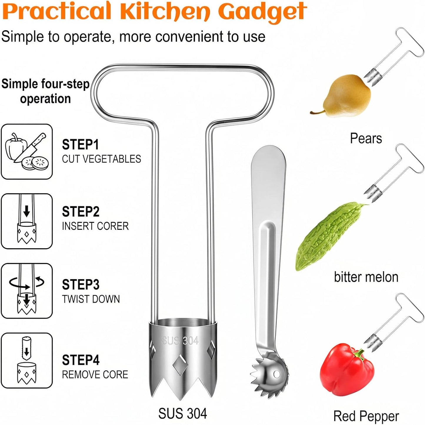 2 Pcs Seed Corer T Shaped Fruit Stem Remover Red Bell Pepper Stainless Steel Apple Pineapple Corer Tool for Vegetable Pineapple Pear Bell Pepper Kitchen Gadget
