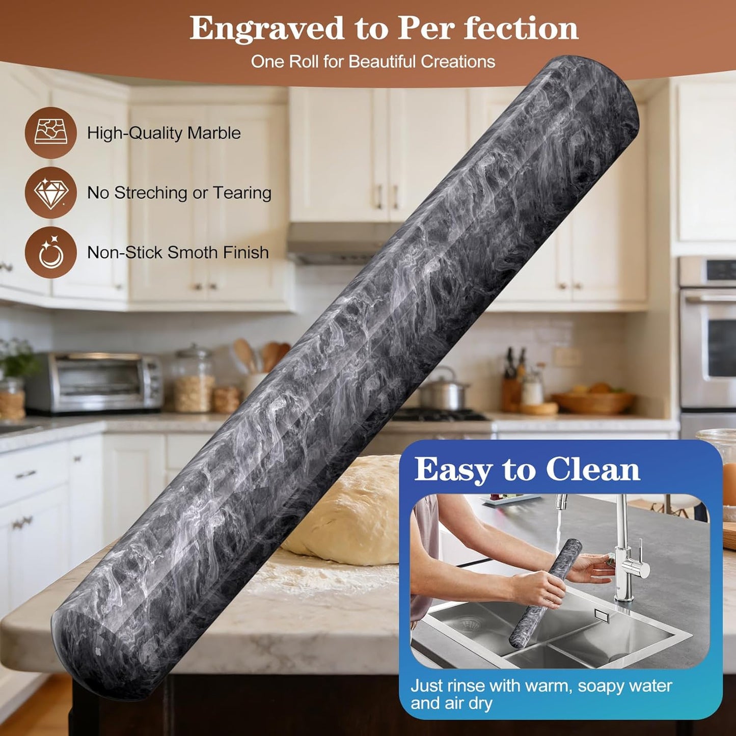 French Rolling Pin for Baking, FiiMan 12 Inch Marble Rolling Pins with Wooden Stand, Heavy Stone French Polished Non-Stick Roller Pins For Baking Cookie Pizza Pastry (Black)