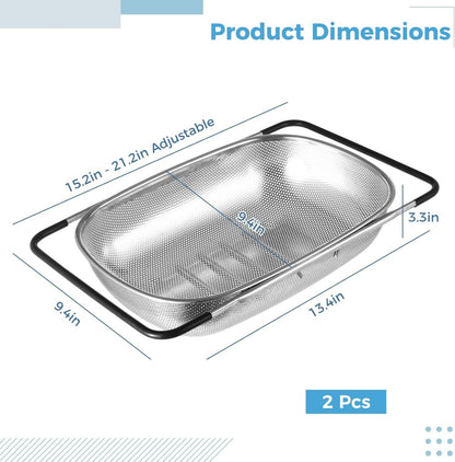 2 Pcs Over the Sink Colander, Strainers and Colanders for Kitchen Sink Strainer Basket with Expandable Handles Stainless Steel Strainer,Pasta Vegetable Food Fruit Strainer