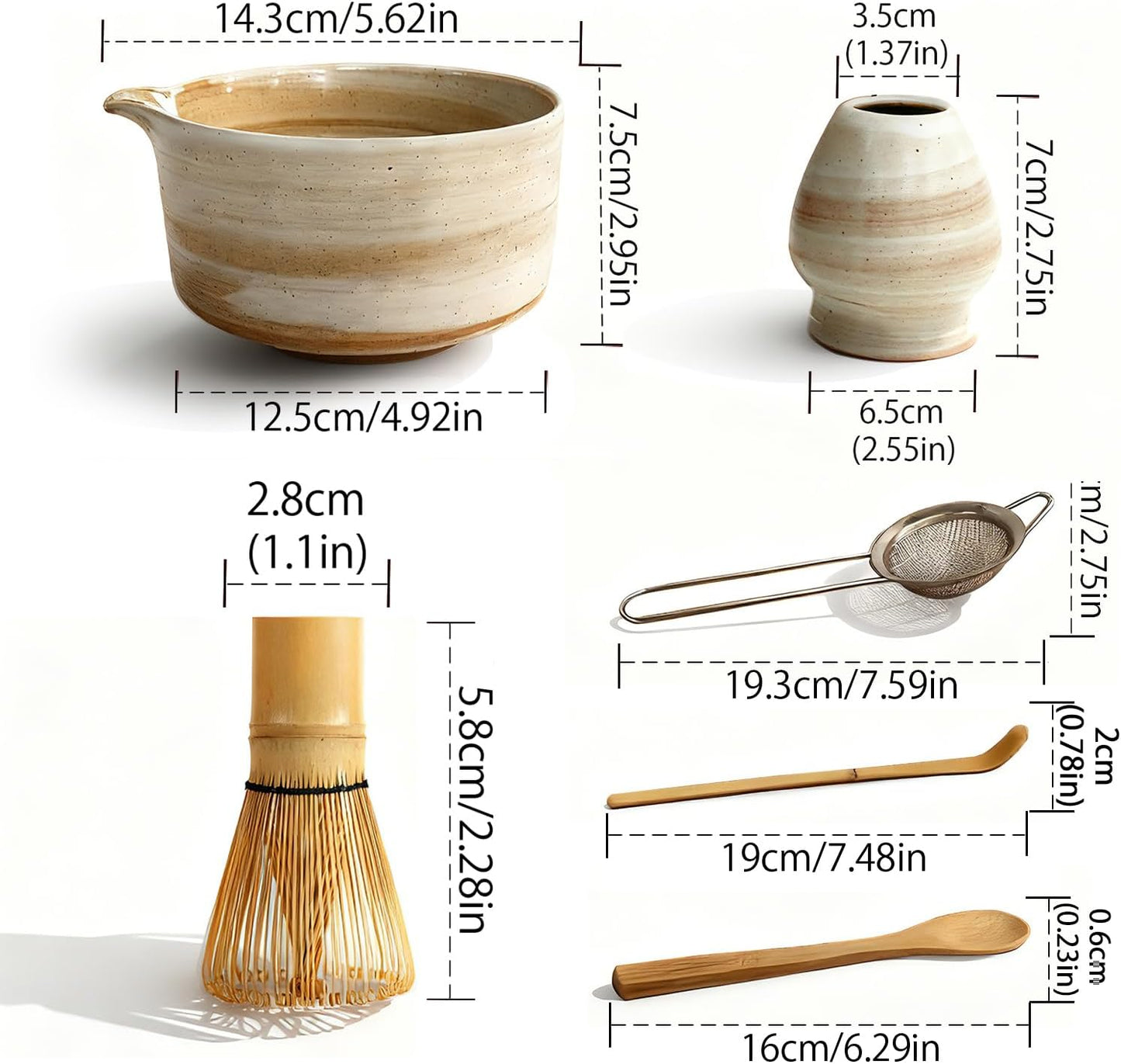 Matcha Whisk Set, Matcha Set, 6 Pieces, with Bamboo Whisk, Ceramic Bowl & Sifter Complete Matcha kit Tea Includes Scoop & Spout Bowl, Traditional Japanese Tea Accessories for Home (set of 6)