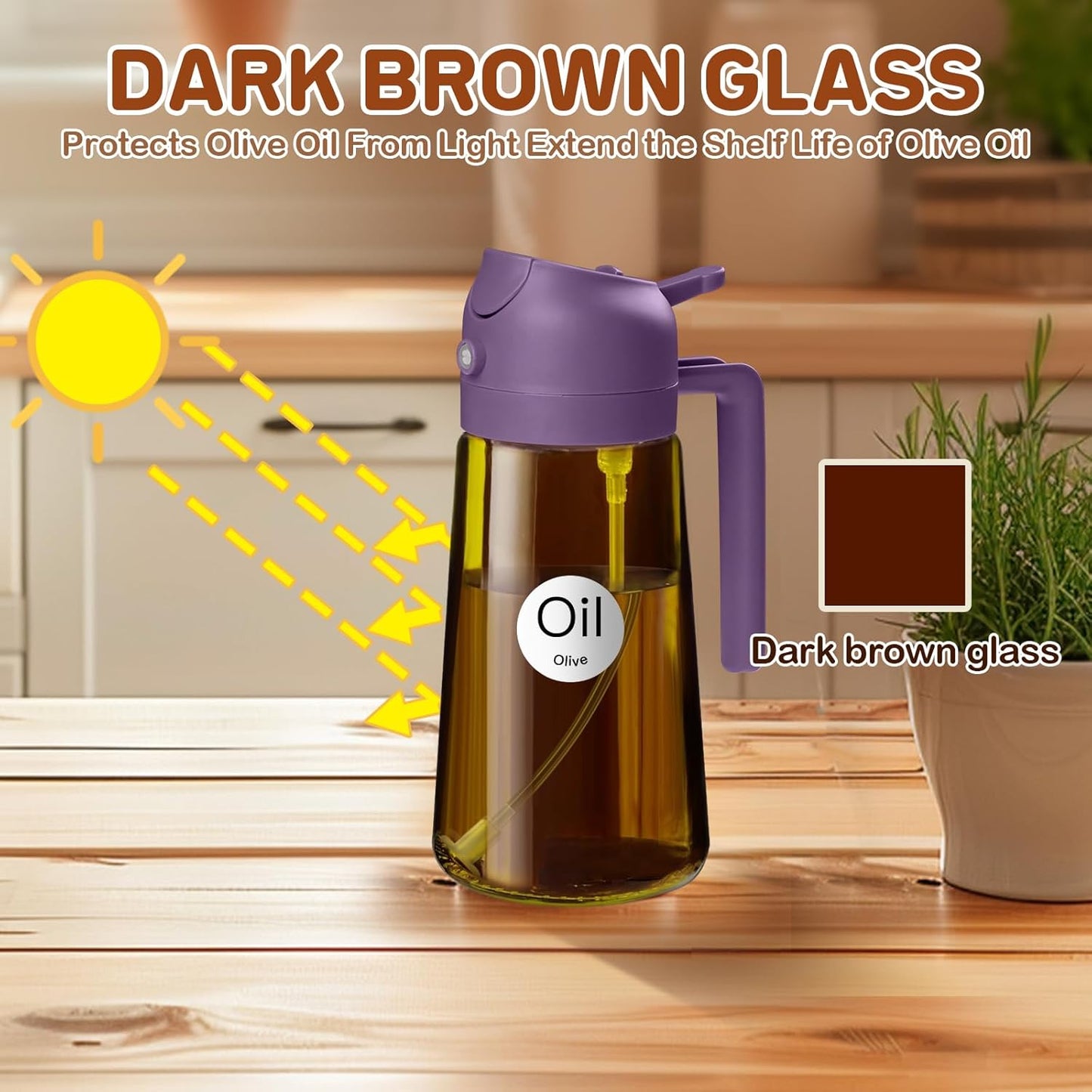 YARRAMATE 16oz/470ml Light Blocking Oil Sprayer for Cooking with Stickers, Food-Grade 2 in 1 Olive Oil Dispenser Bottle for Kitchen, Premium Dark Amber Glass Oil Bottle for Air Fryer, BBQ (Black)