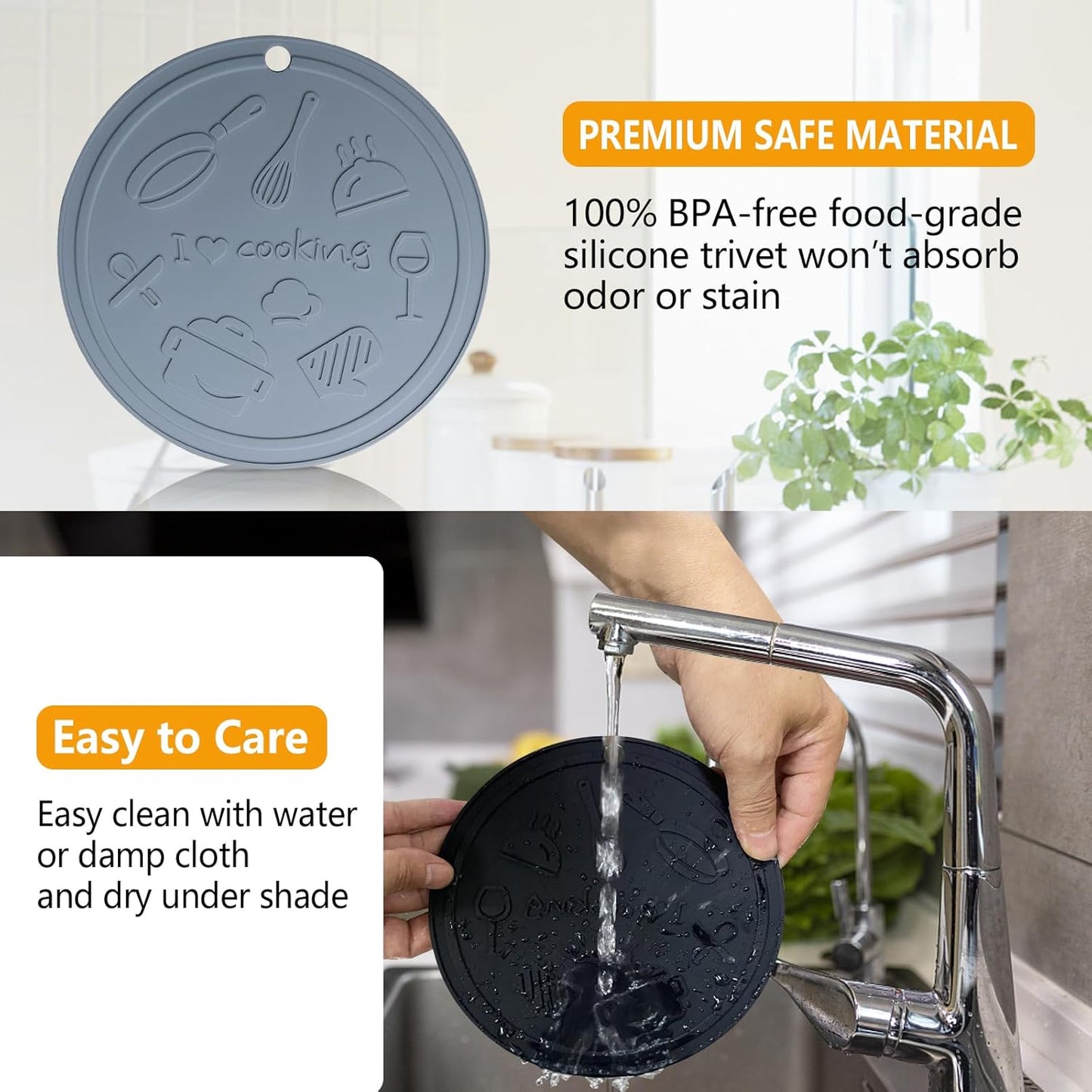 Silicone Trivet Mats - 3 Heat Resistant Pot Holders for Hot Pots and Pans, Silicone Mats for Kitchen Countertops, Table, Food Grade Silicone (Black & Gray)