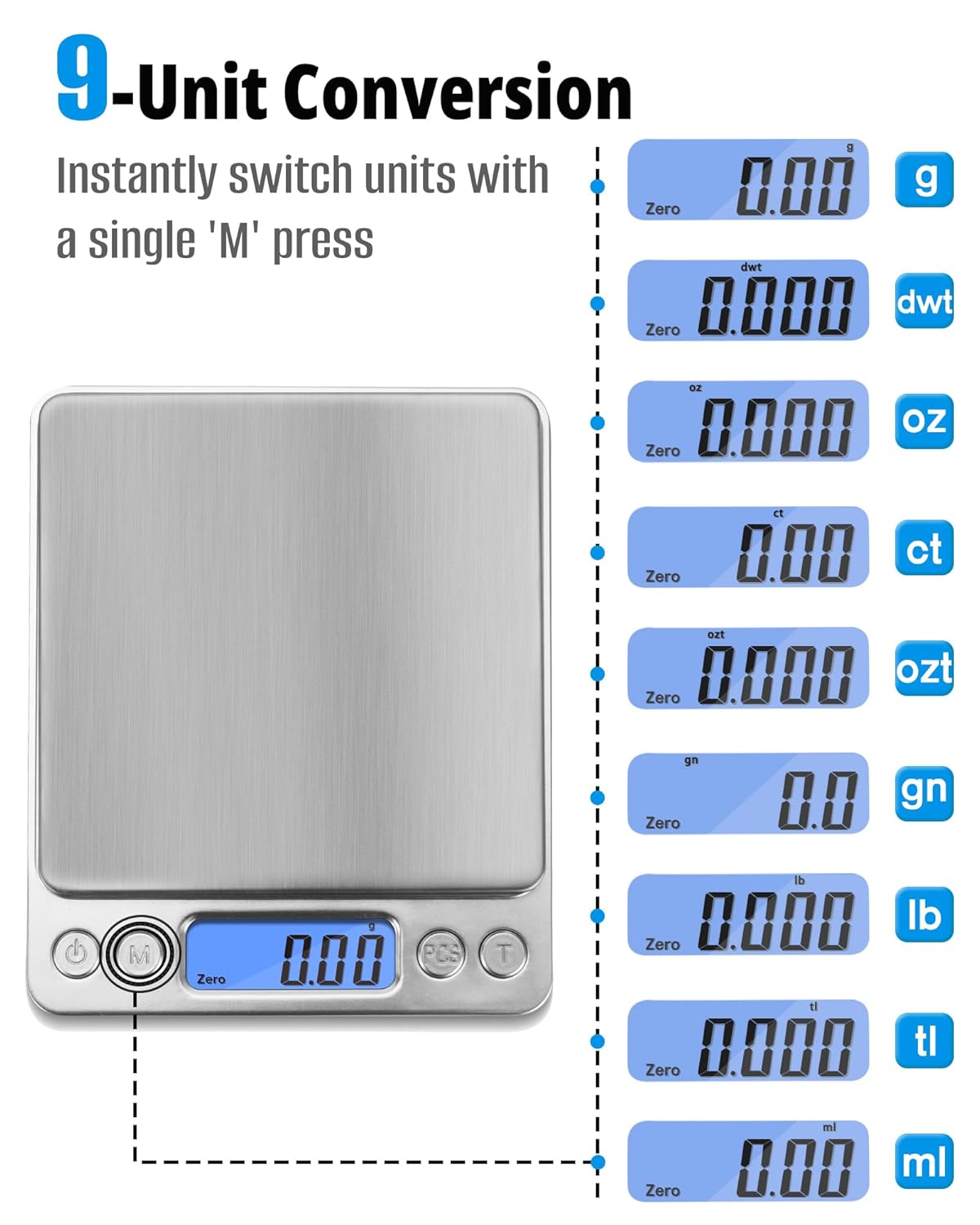 Gram Scale 500g x 0.01g Precision, Digital Mini Pocket Size Portable Scale with Two Trays Nine Units, LCD Display Stainless Steel Platform for Weighing Jewelry Cooking Baking