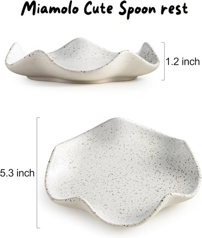 Miamolo Spoon Rest for Stove Top, Spoon Holder for Stove, 5.3In Ceramic Spoon Rest for Kitchen Counter, Coffee Spoon Holder with Ruffled Edge, Farmhouse Spatula Holder for Kitchen Decor, Beige