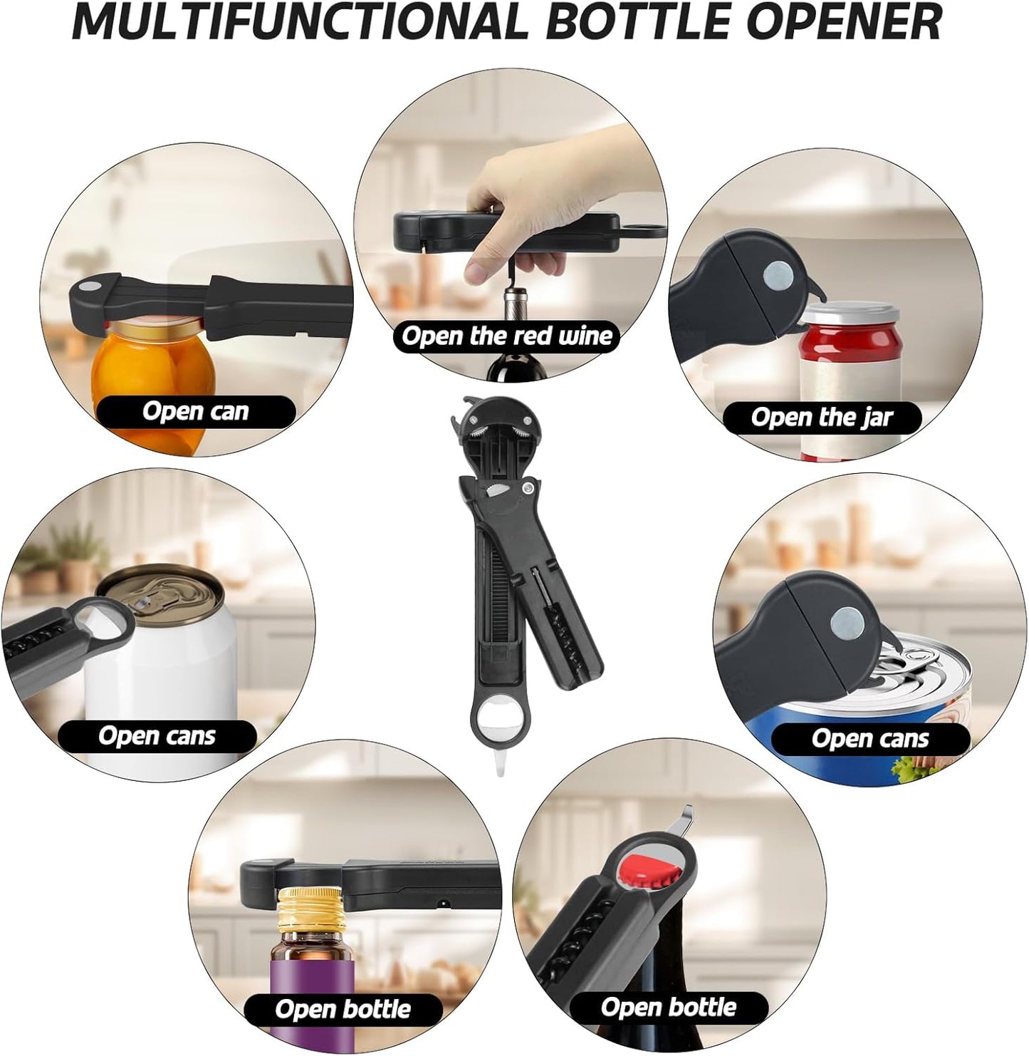 7 in 1 Jar Opener Bottle Opener and Wine Opener for Seniors with Arthritis, Weak Hands, Multi Retractable Magnetic Can Opener, Original Kitchen Lid Opener Tool (Black)