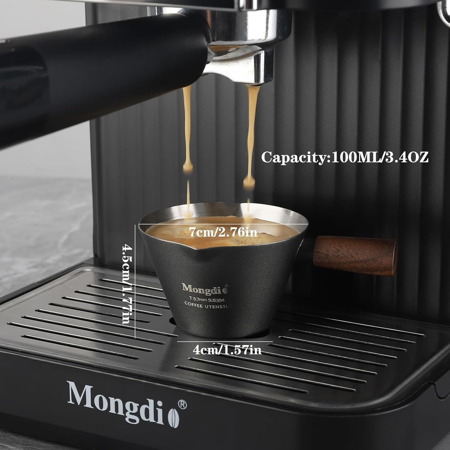 Mongdio Espresso Measuring Cup, Stainless Steel Espresso Shot Cups with Wooden Handle and Double Spouts, 6.8OZ/200ML, White