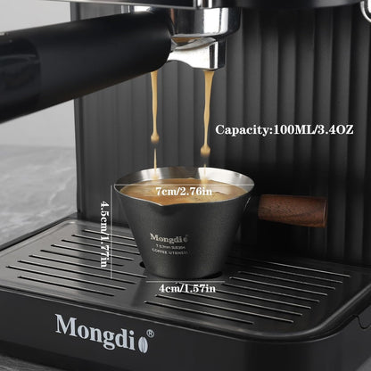 Mongdio Espresso Measuring Cup, Stainless Steel Espresso Shot Cups with Wooden Handle and Double Spouts, 6.8OZ/200ML, White