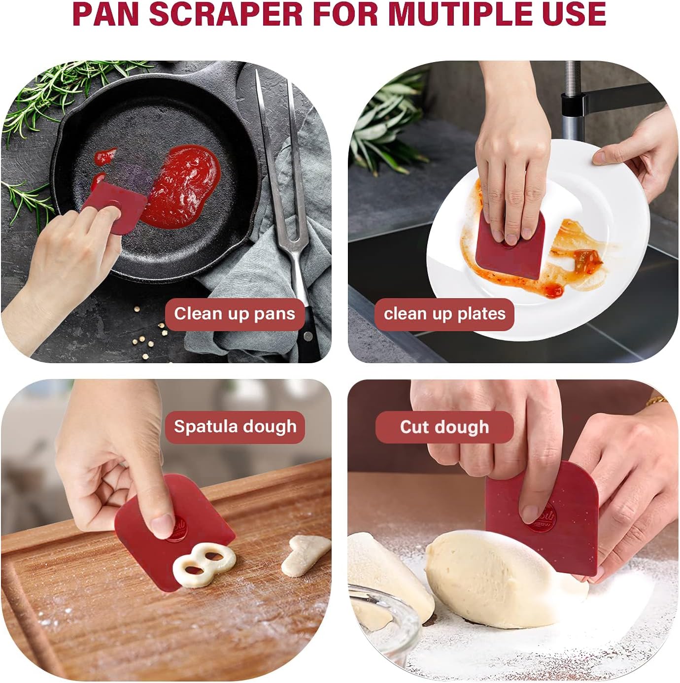 TMEDW Pan Scraper, 5 Pcs Pot Scraper, Pan Scraper Plastic, Multifunctional Scraper Tool for Kitchen, Non-Slip, Food Safe, High Heat Resistant-Red