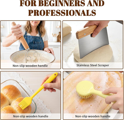 Sourdough Bread Baking Tool Set with Bread Lame & Blades Danish Dough Whisk Bowl Scraper Dough Scraper, Cleaning Brushand Silicone Brush Filter Tennis Ball,Spraying template, Sourdough Starter Kit