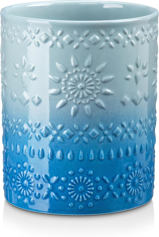 LOVECASA Utensil Holder, 7.2"+5.4" Ceramic Utensil Holder for Countertop, Large Cooking Utensil Crocks for Kitchen Counter, Farmhouse Utensil Vase for Housewarming, Kitchen Decor, Set of 2, Oasis