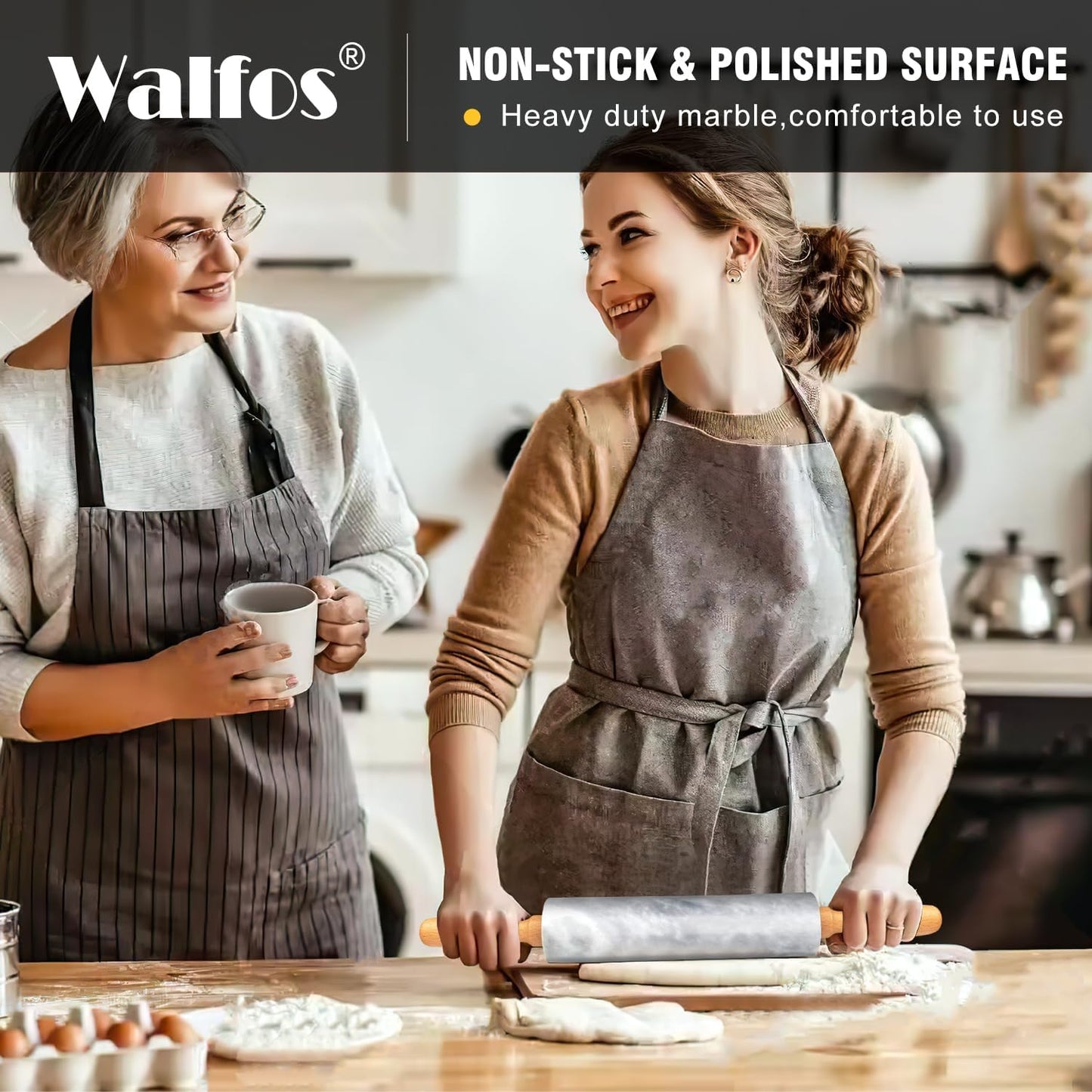 WALFOS French Rolling Pin and Silicone Baking Mat Set, Non-Stick Beech Wood Rolling Pin 15.7 Inch and Pastry Mat for Best Pie Crust, Cookie, Pasta and Pizza Dough