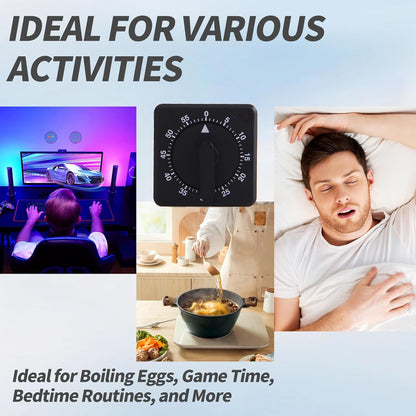 Square 60 Minute Mechanical Kitchen Timer Loud Alarm No Batteries Ideal for Cooking Baking and Kitchen Management Black