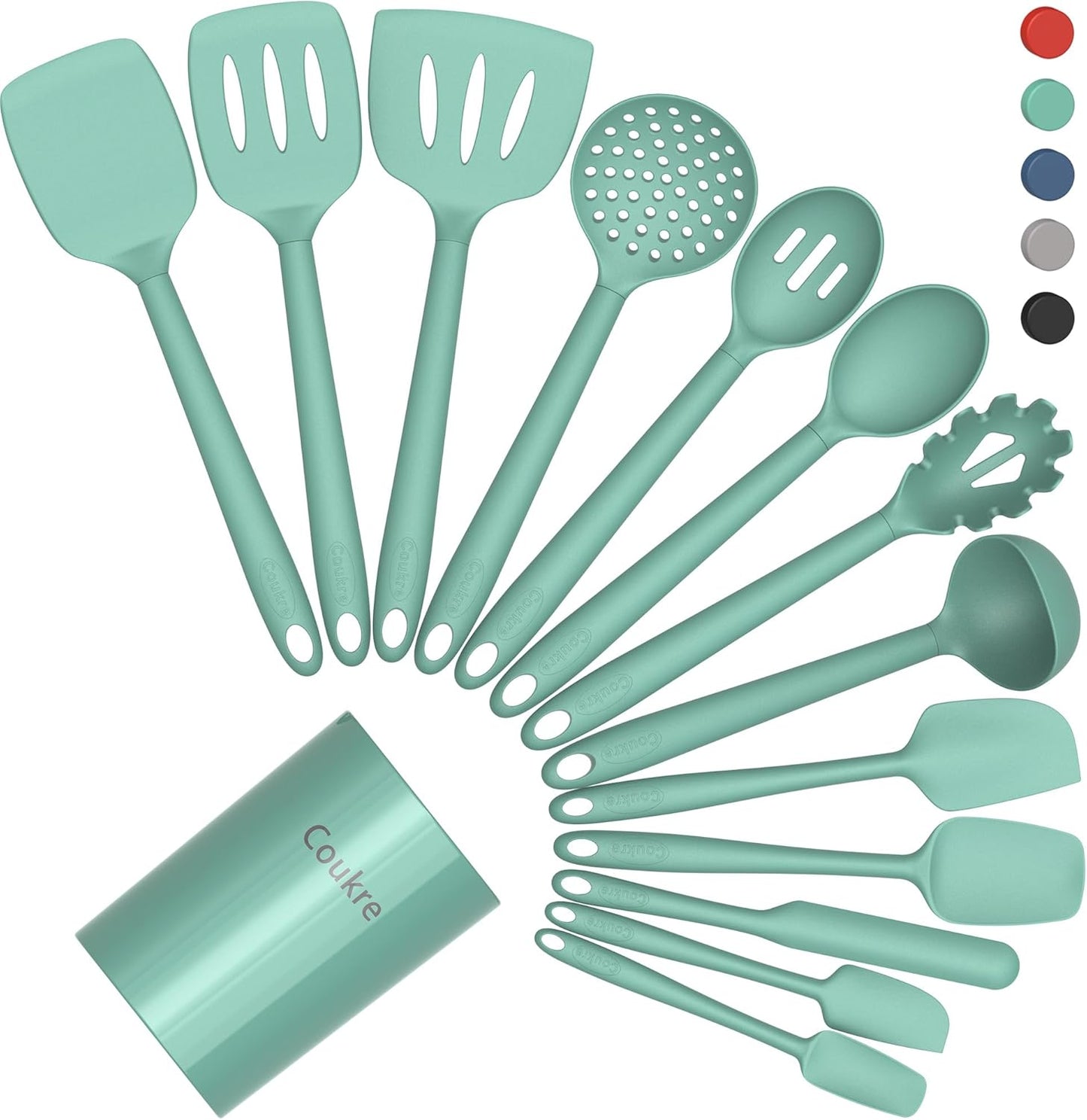 Coukre Silicone Kitchen Cooking Utensils Set with Holder – Heat-Resistant, Food-Grade Kitchen Tools, Spatula, Spoon & Gadgets for Non-Stick Pans, Dishwasher Safe (14, PureBlack)