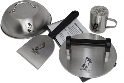 Sasquash Smash Burger Press, Bigfoot 8 Inch Burger Press, 3 Plus Pound Stainless Steel, Heavy Hamburger Smasher Tool, Round for Griddle, Grill, Flat Top, Sandwiches, Steak, Grilling Accessories