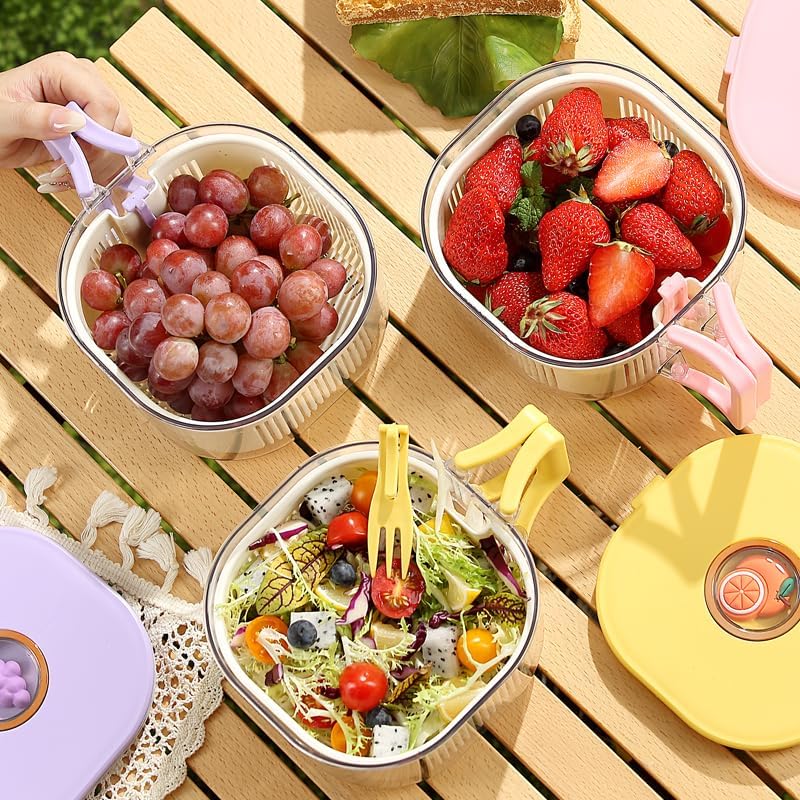 Fruit and Salad Washing Bowl with Strainer,Colander for Kitchen,Multi-Functional Vegetable and Food Drainer with Lid, Handle and Fork,Portable Fruit and Salad Containers for Fridge,BPA Free，Strawberry