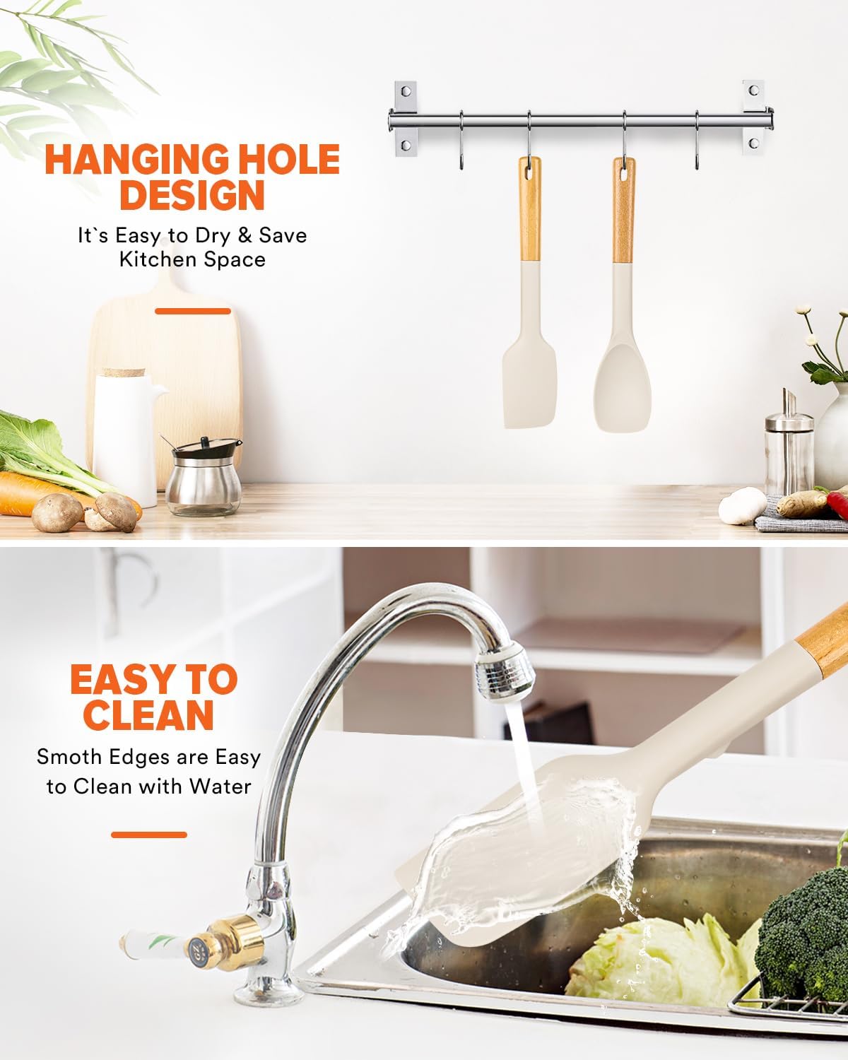 Silicone Spatula and Spoonula Set, Great For Stirring, Tough Mixing and Folding, Sturdy Bpa-Free Matte Silicone, Wooden Handle Rubber Scraper For Nonstick Cookwares (Grey)