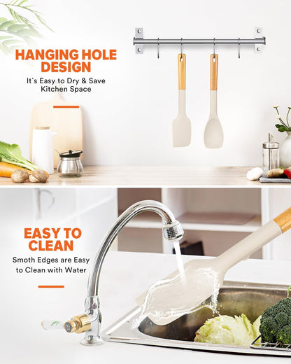 Silicone Spatula and Spoonula Set, Great For Stirring, Tough Mixing and Folding, Sturdy Bpa-Free Matte Silicone, Wooden Handle Rubber Scraper For Nonstick Cookwares (Grey)