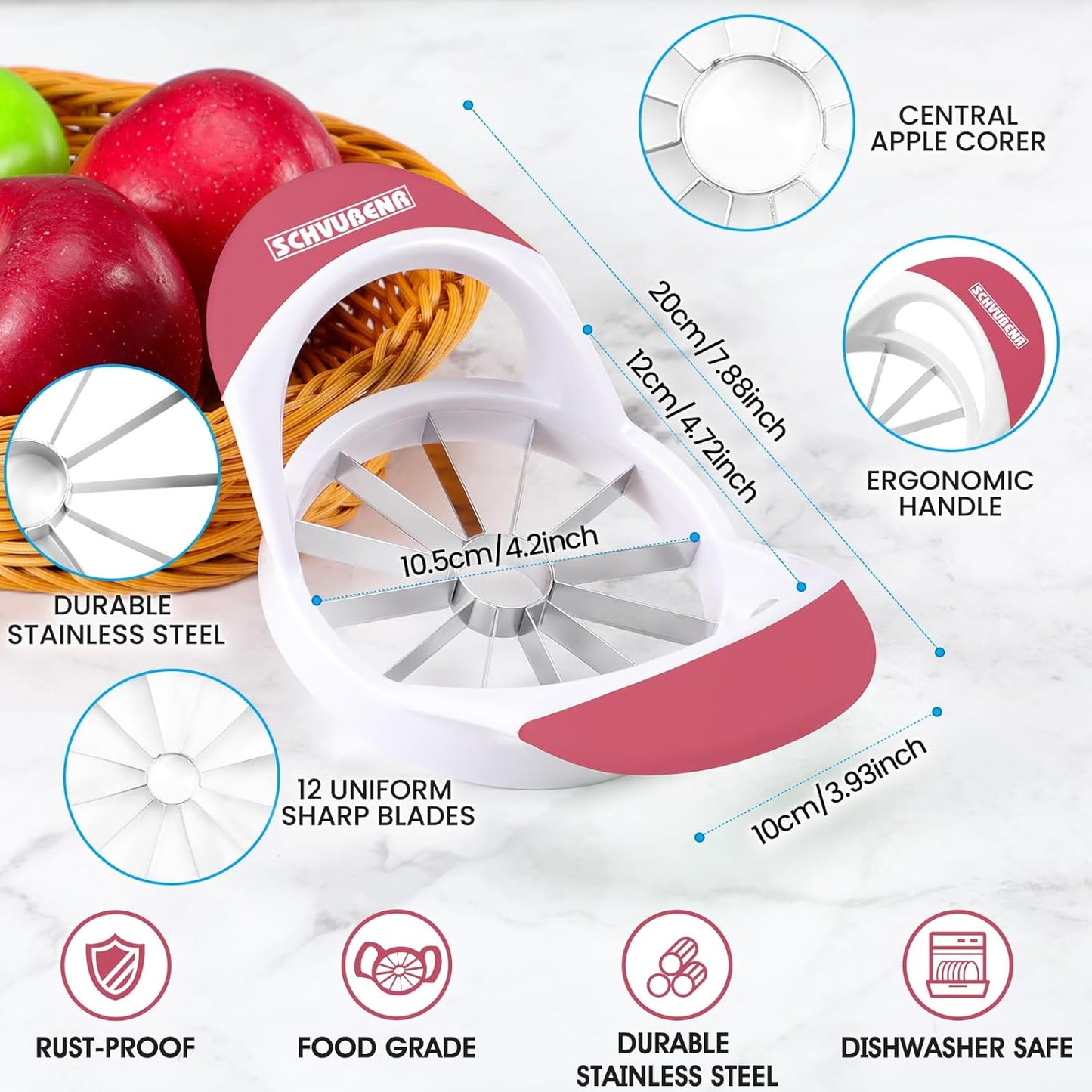SCHVUBENR 12-Blade Apple Slicer and Corer - 4.72 Inch Sharp Stainless Steel Apple Cutter - Professional Apple Divider Tool for Quick Slices - Easy to Use & Clean - Slice Fruits with Ease - Black