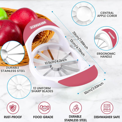 SCHVUBENR 12-Blade Apple Slicer and Corer - 4.72 Inch Sharp Stainless Steel Apple Cutter - Professional Apple Divider Tool for Quick Slices - Easy to Use & Clean - Slice Fruits with Ease - Black