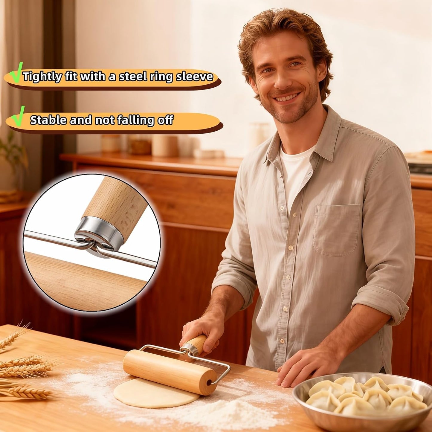 Wooden Rolling Pin Set - Non-Stick Pizza & Dough Roller, Ergonomic Bakery Tool for Cookies, Pie, Bread Dough | Heavy Duty, Easy Clean, Compact Storage | Kitchen Gadget Essential
