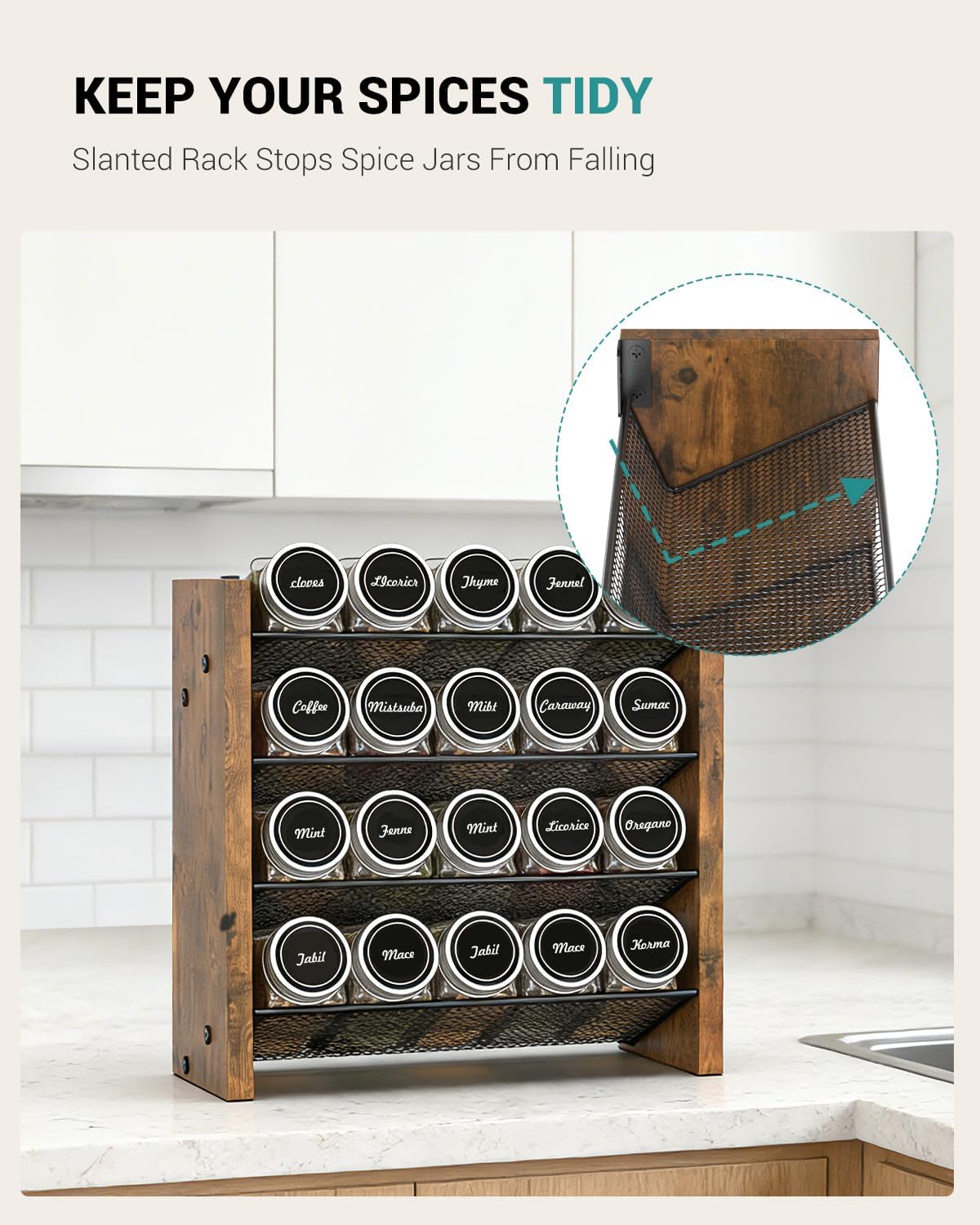 NESAPTO Spice Rack Organizer for Cabinet, Wood 4-Tier Vertical Seasoning Organizer, Wall Mount or Countertop Spice Shelf, Holds 28 Jars (No Jars Included), 14" W x 9.4" H
