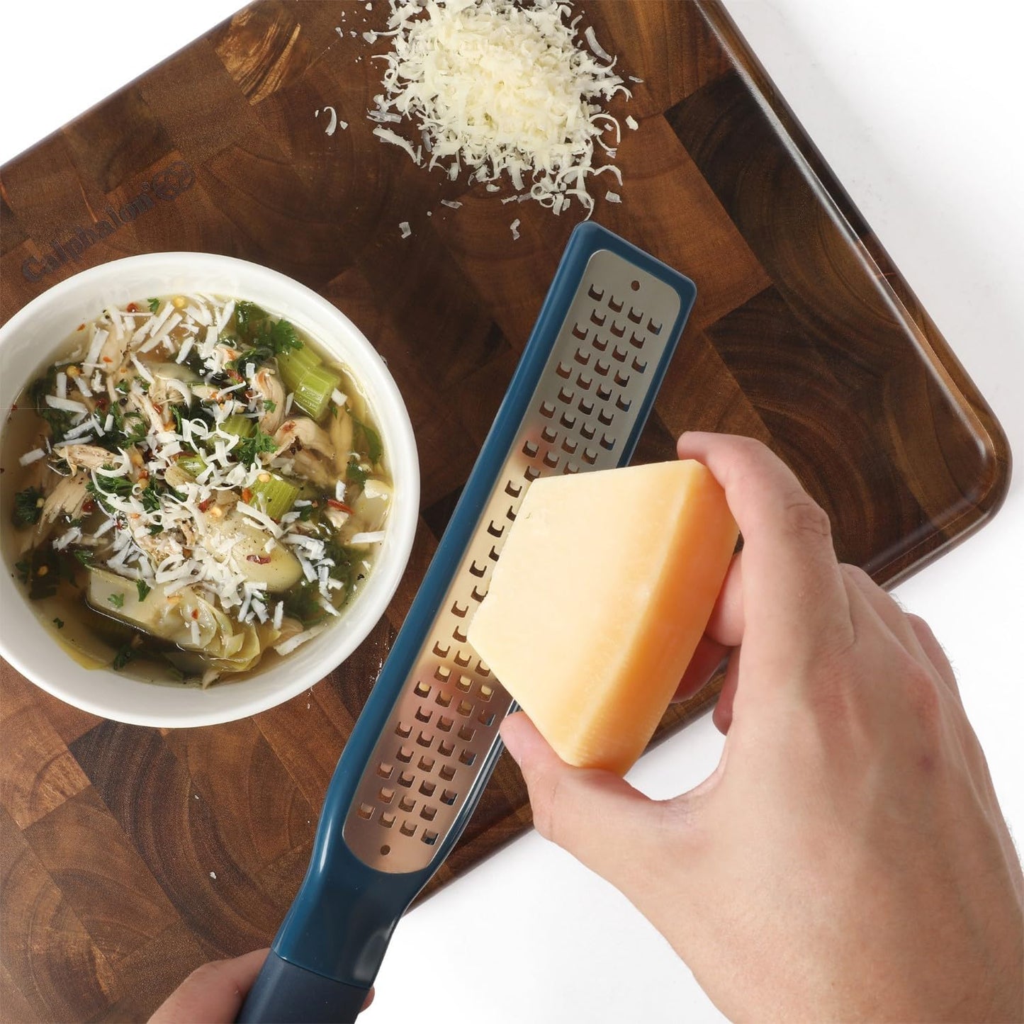 Calphalon Edge Stainless Steel Handheld Grater Lemon Zester W/Cover & Rubber Handle - Navy Blue