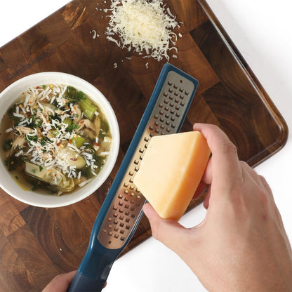 Calphalon Edge Stainless Steel Handheld Grater Lemon Zester W/Cover & Rubber Handle - Navy Blue
