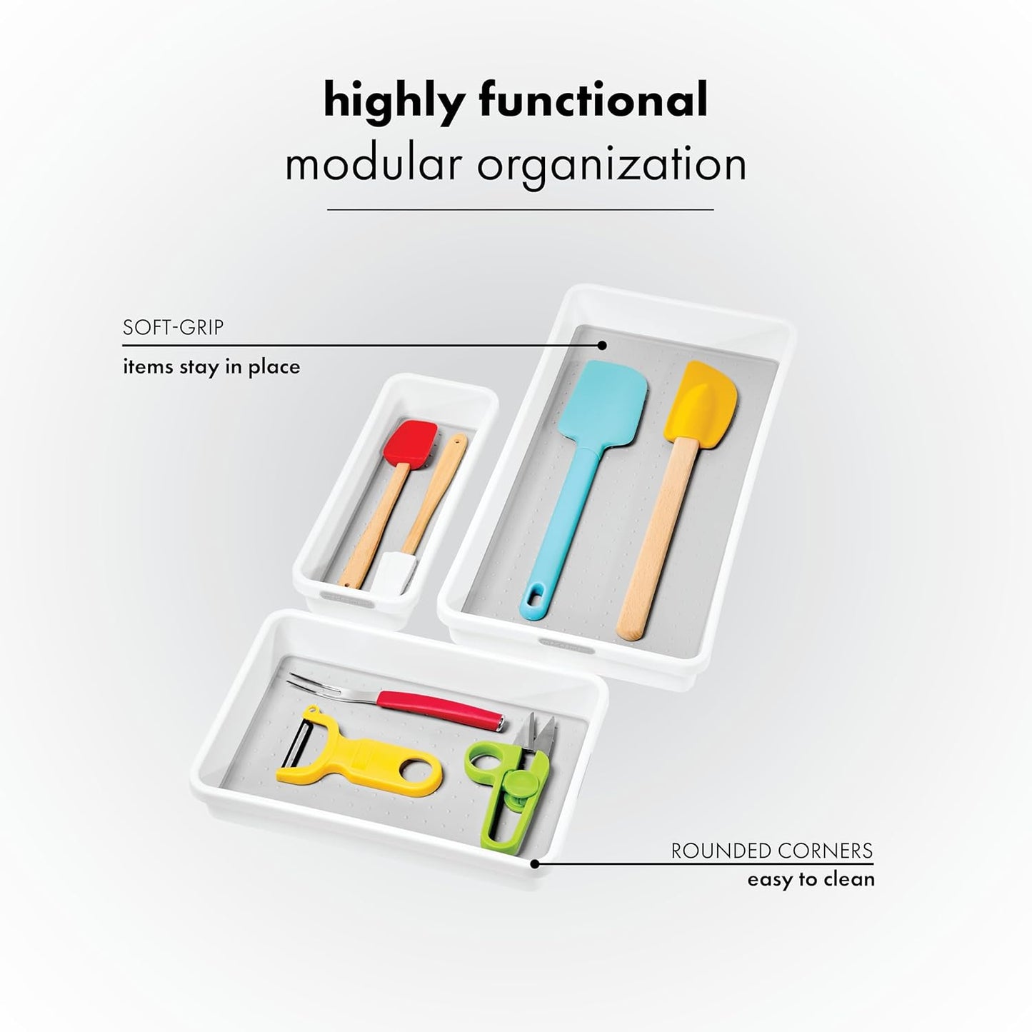 madesmart 3 Bin Drawer Organizer Set, Multi Purpose Storage for Utensils, Office & Bathroom, Organizer for Cutlery, Peeling Tools, Spatulas, Soft Grip Lining & Non Slip Feet, Granite