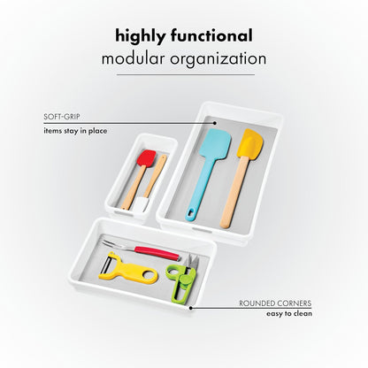madesmart 3 Bin Drawer Organizer Set, Multi Purpose Storage for Utensils, Office & Bathroom, Organizer for Cutlery, Peeling Tools, Spatulas, Soft Grip Lining & Non Slip Feet, Granite