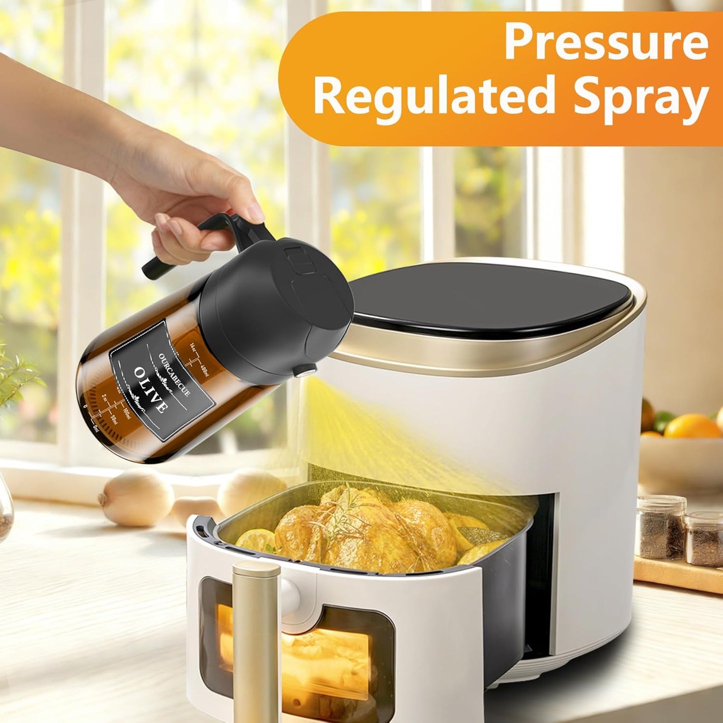 OURCABECUE 2 in 1 Olive Oil Sprayer for Cooking, 16oz/470ml Light-Blocking Dark Olive Oil Dispenser Bottle for Kitchen, Food-Grade Glass Oil Mister with 8 Oil Stickers