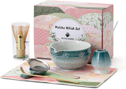Matcha Tea Set, 8 Pcs Japanese Matcha Kit with Cherry Blossom and Wave Design Ceramic Bowl, Bamboo Whisk, Whisk Holder, Scoop, Sifter, Brush, Matcha Kit Set for Matcha Lovers (Pink-Green)
