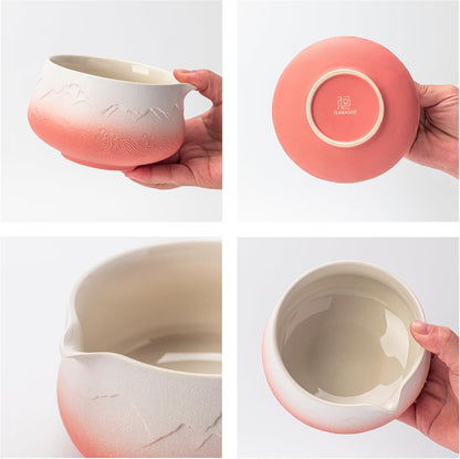 TEANAGOO 7 Pcs Matcha Whisk Set, Pink Matcha Set, Ceremony Matcha Powder Kit,Matcha Tea Set for Making Latte,Matcha Whisk Set and Bowl with Scoop&Sifter,Fuji Design Ceramic Bowl,Gift for Matcha Lovers