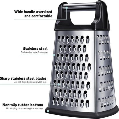 Kaishun Professional Cheese Grater, 4-Sided Stainless Steel Box Grater, Food Shredder for Cheese, Parmesan, Vegetable, Black