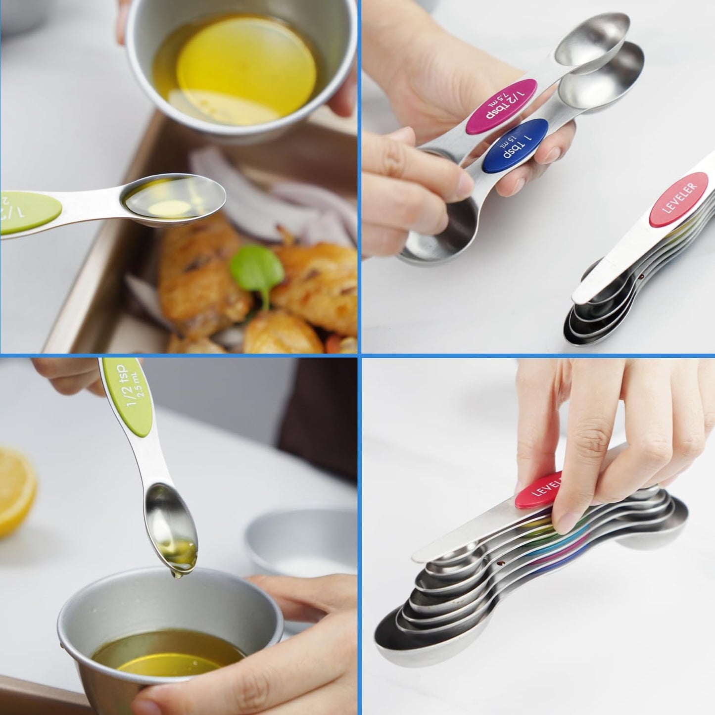 Set of 8 Stainless Steel Magnetic Measuring Spoons Set with Leveler,Dual Sided Stackable Steel Metal Teaspoons for Baking & Cooking Kicchen Accessories (Color)