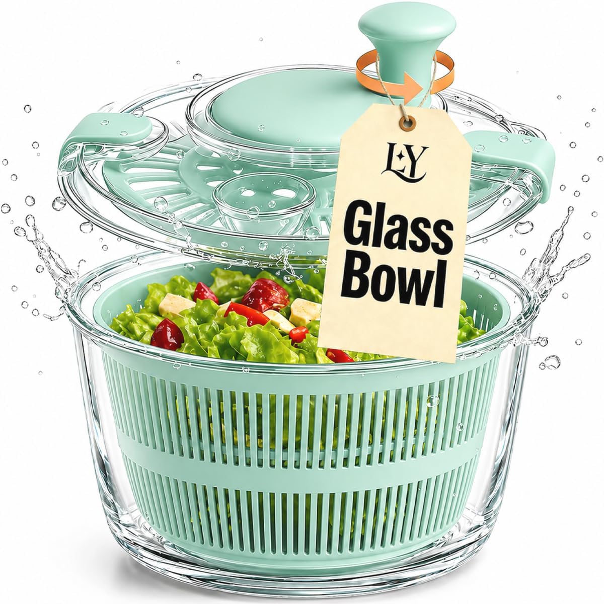 Large 5.2 Qt Glass Salad Spinner Vegetable Dryer with Drain Microwave Safe Dishwasher Safe with Transparent Lid Crank Handle Quick Spin Greens Washer for Lettuce Herbs Fruits (off-white)