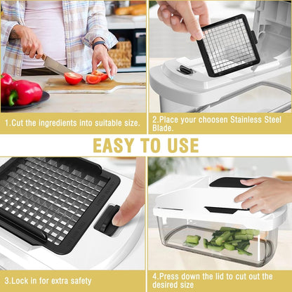 Vegetable Chopper with Container - 15-in-1 Mandoline Slicer, Food Dicer, Onion Cutter & Cheese Grater - Manual Veggie Chopper with Storage, Stainless Steel Blades