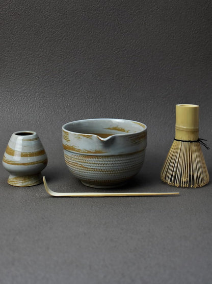 Artcome 4 Pcs Complete Matcha Ceremony Kit - Japanese Bowl With Pouring Spout, Whisk, Holder, Scoop - Tea Set for Making Usucha, Koicha and Latte (Green)