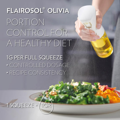 OLIVIA SIGNATURE Advanced Kitchen Oil Sprayer with Flairosol Technology, Fine Mist & Portion Control, Refillable Glass Olive Oil Cooking Spray Bottle for Air Fryer, Salad, BBQ, 130ml (White Print)