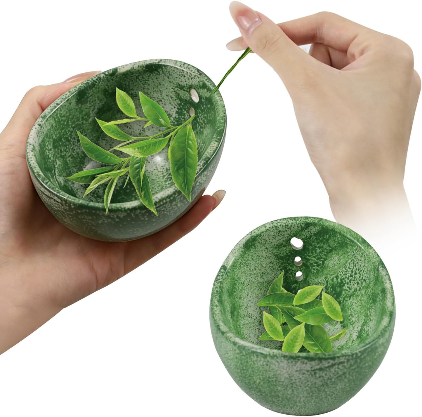 Herb Stripper Bowl with Four Sizes Holes, Herb Stripper, Ceramic Handmade Herb Stripper Tool, Herb Peeler for Kale, Thyme, Basil, Rosemary Separating Leaves and Stems(Green)