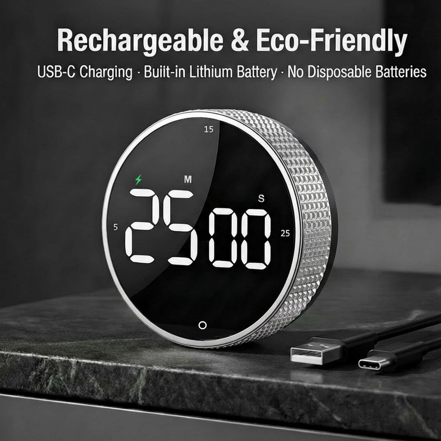 Rechargeable Magnetic Kitchen Timer, LED Countdown/Count-Up Timer, Supports USB-C Charging, with Loud Alarm, 3 Preset Quick Times (5/15/25m), Perfect for Kitchen Cooking, Studying, and Fitness