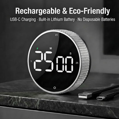 Rechargeable Magnetic Kitchen Timer, LED Countdown/Count-Up Timer, Supports USB-C Charging, with Loud Alarm, 3 Preset Quick Times (5/15/25m), Perfect for Kitchen Cooking, Studying, and Fitness