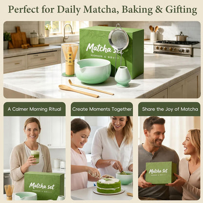 Matcha Whisk Set, Ceramic Matcha Set Includes Bowl & Holder, Bamboo Whisk (Chasen), Scoop, Spoon and Sifter, 6PCS Matcha Kit Covers Everything Needed for Making Matcha (Green)