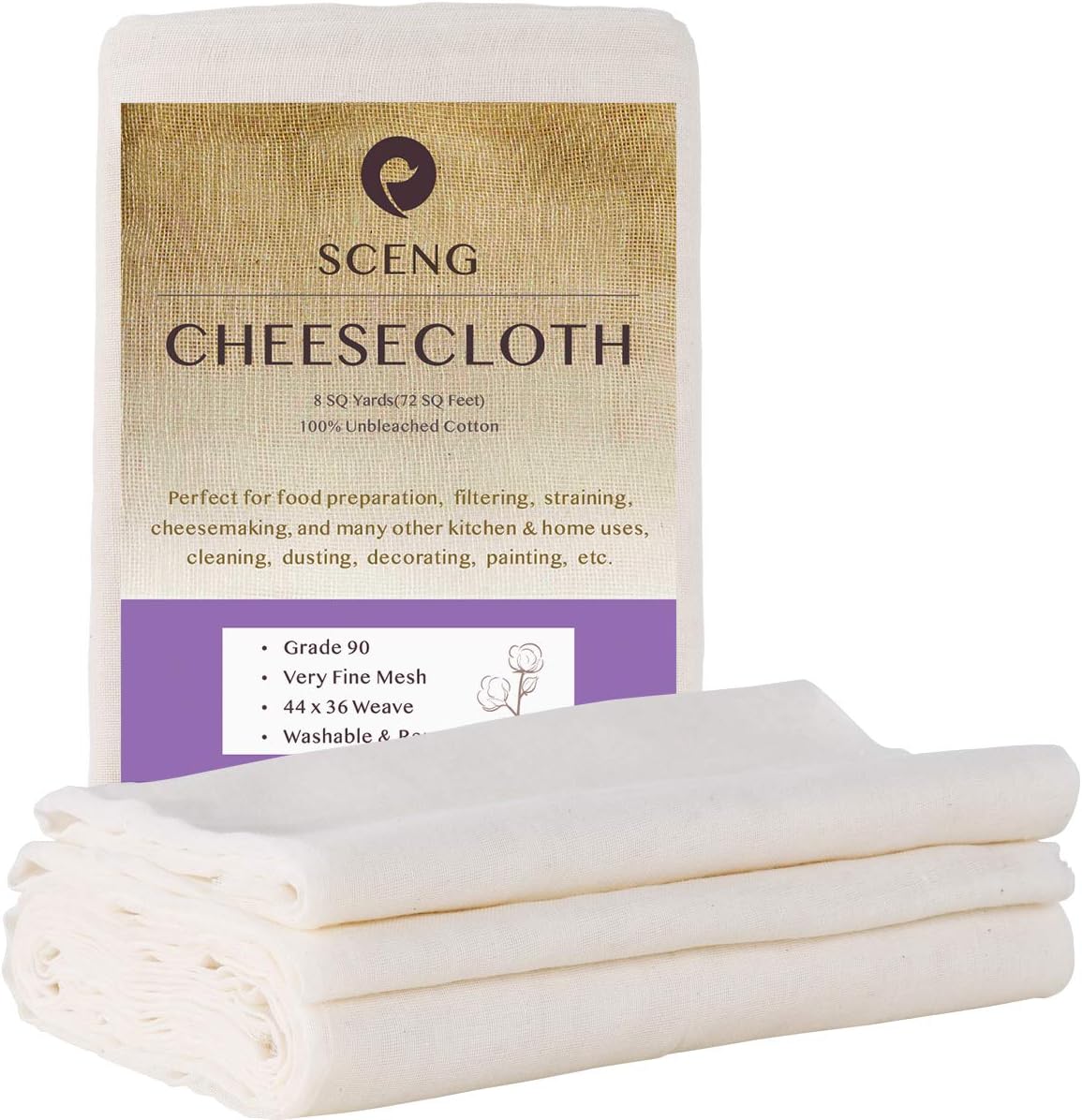 Cheesecloth, Grade 90, 36 Sq Feet, Reusable, 100% Unbleached Cotton Fabric, Ultra Fine Cheese Cloth for Cooking - Nut Milk Bag, Strainer, Filter (Grade 90-4Yards)
