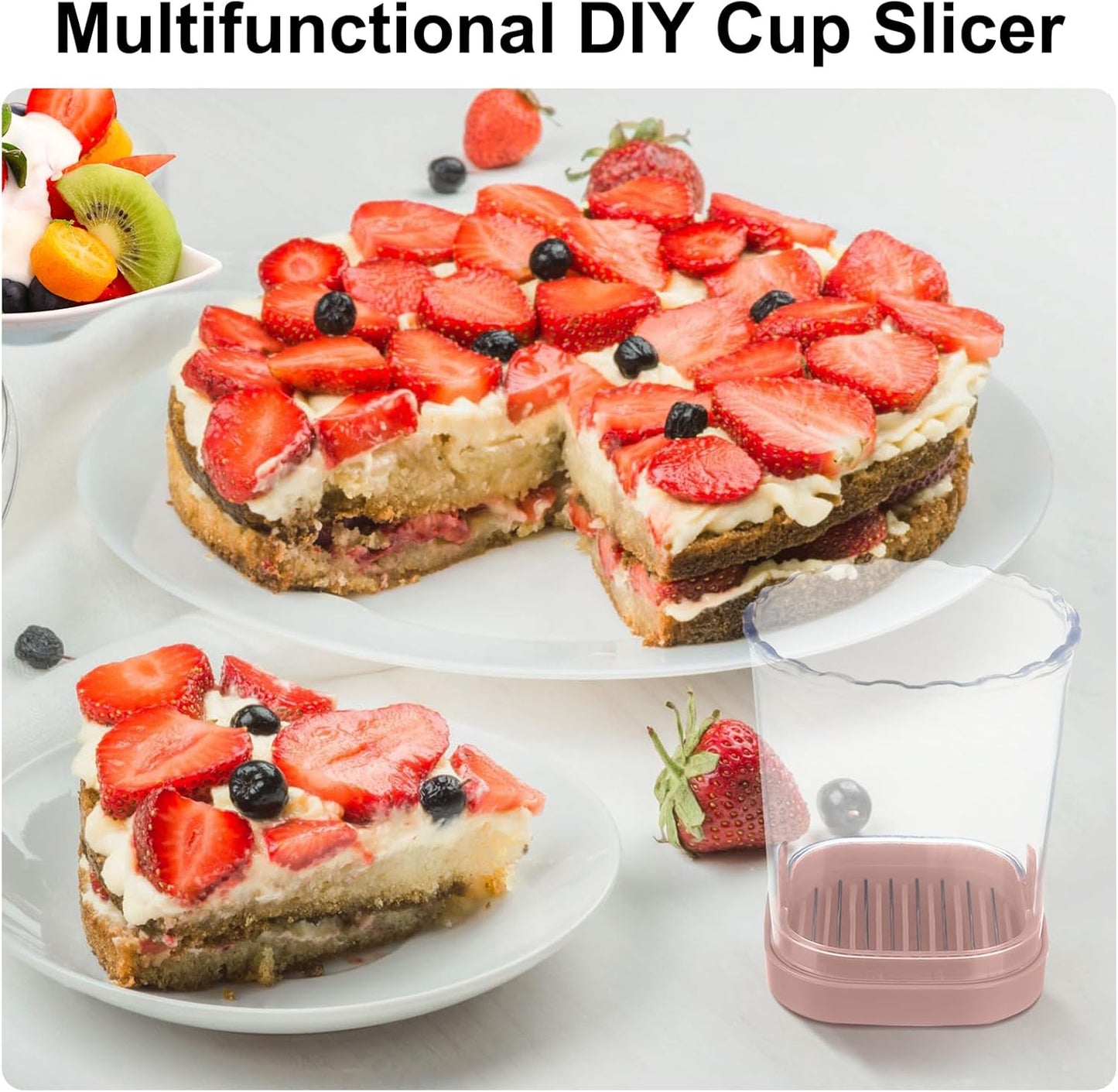 Strawberry Slicer：Fruit Slicer Cup Veggie Salad Speed Cutter for Strawberries Egg Banana Mushroom Cucumber Kiwi the Kitchen Portable Slicing Tool (Pink)