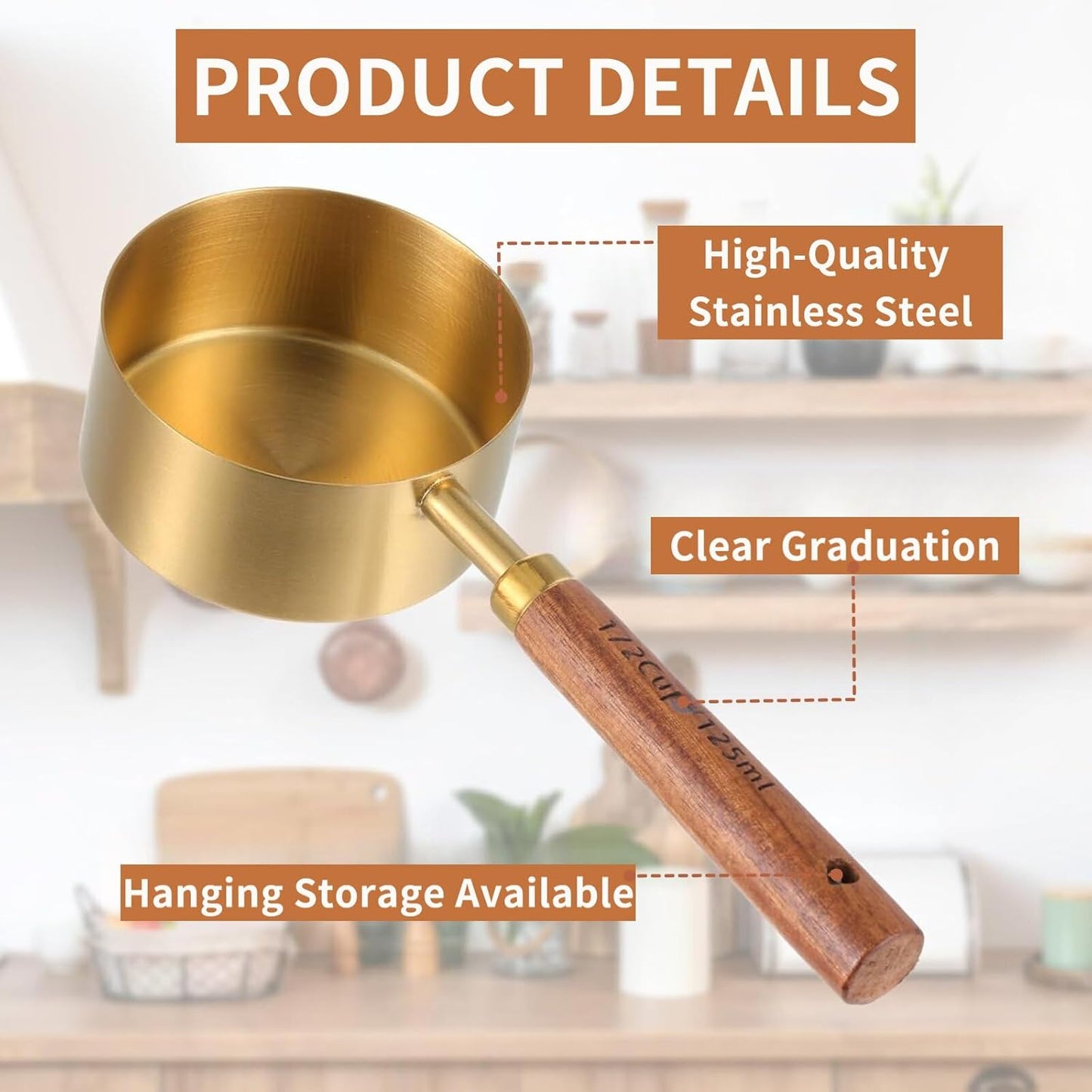 Measuring Cups and Spoons Set 8-Piece, Food-Grade Golden Nonstick with Non-Slip Wooden Handle, Engraved US/Metric Markings for Cooking Baking