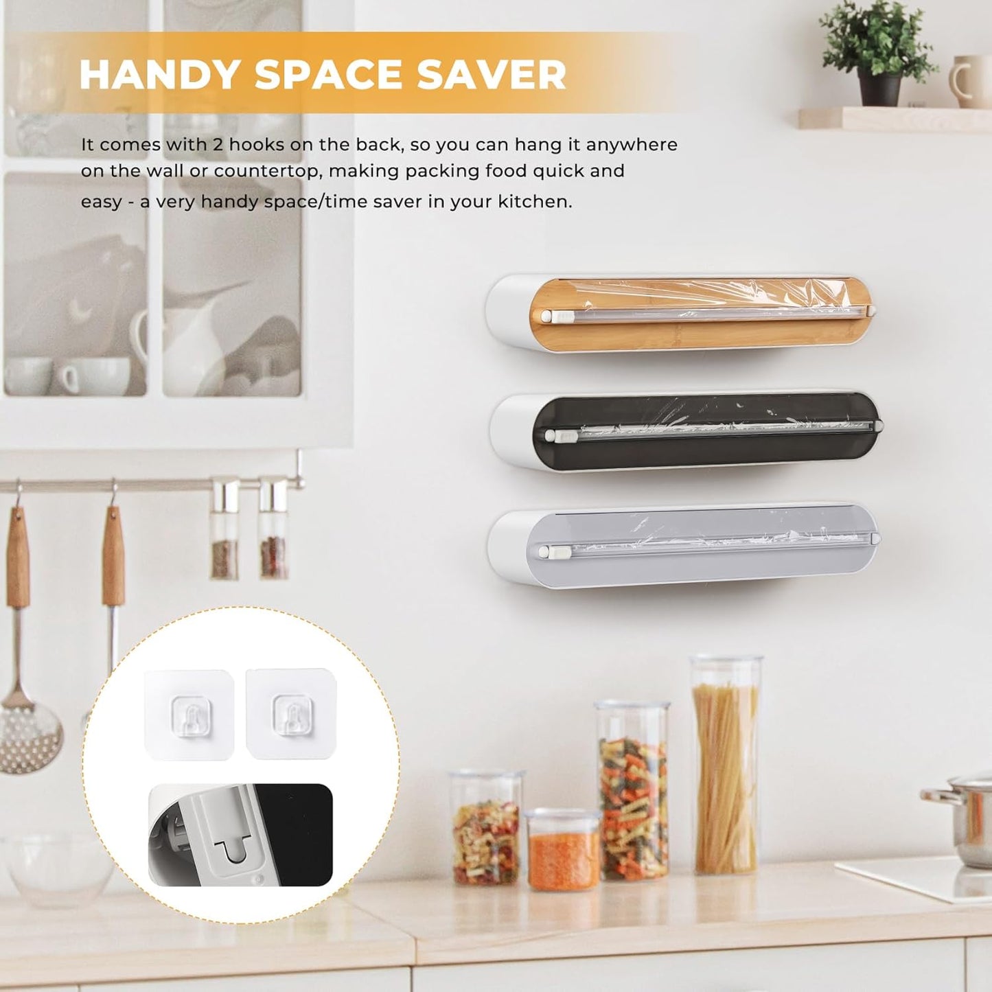 Aluminum Foil & Plastic Wrap Dispenser with Slide Cutter - Magnetic & No-Drill Wall Mount, Cling Film Dispenser for Worktops & Cabinets, Space-Saving Kitchen Organizer - Fits 12" Rolls, White
