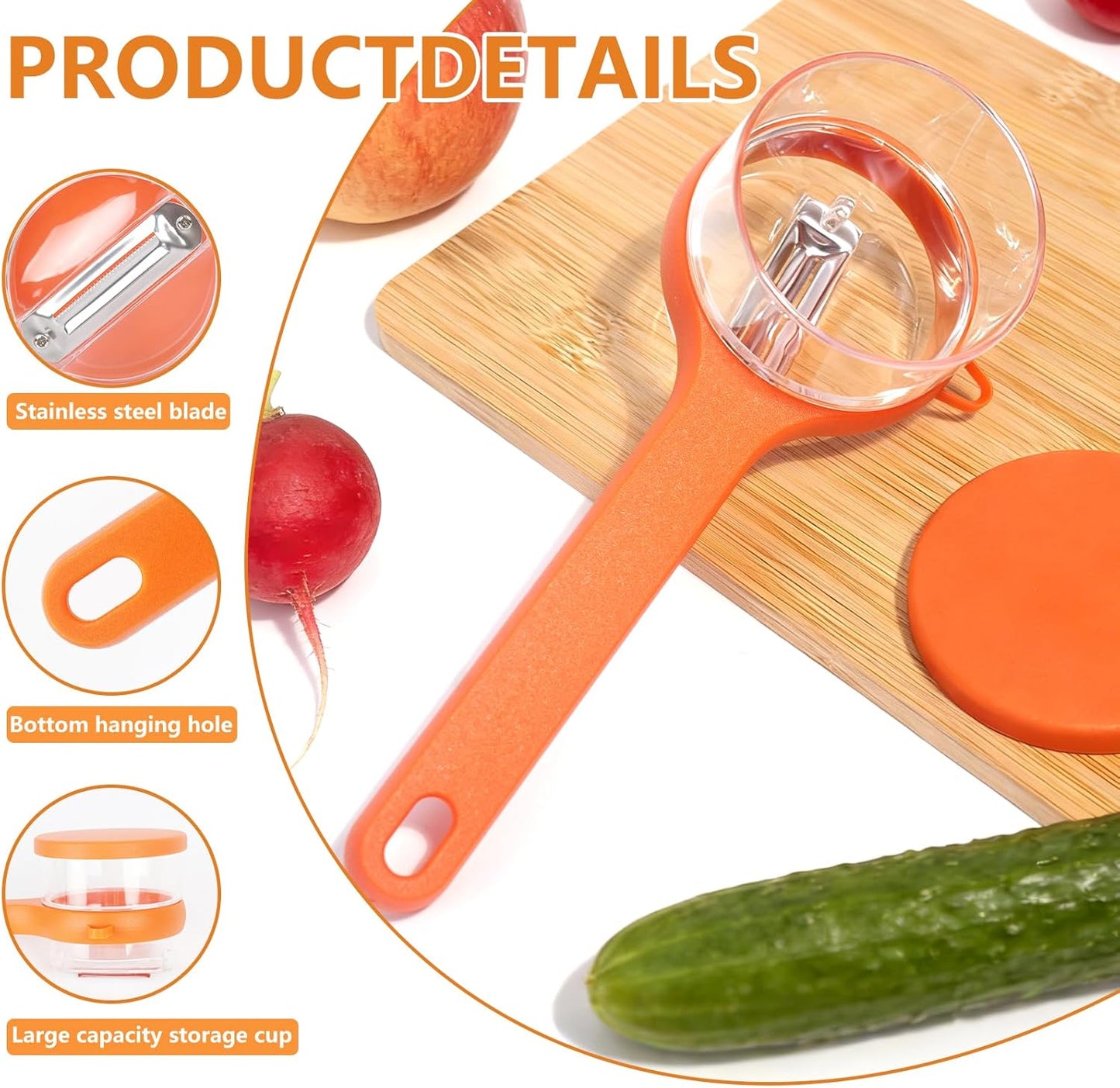 Vegetable Peeler with Container, Stainless Steel Potato Peeler and Fruit Peeler with Storage Box, Multi-Function Veggie Peeler with Peel Catcher for Home Kitchen (Orange)