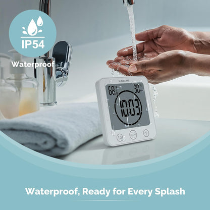 KADAMS Shower Clock Waterproof Bathroom Timer – Digital Wall Clock with Countdown, Magnetic Kitchen Clock with Temperature & Humidity, Suction Cup for Kids Shower Spa Cook Bath (Black)